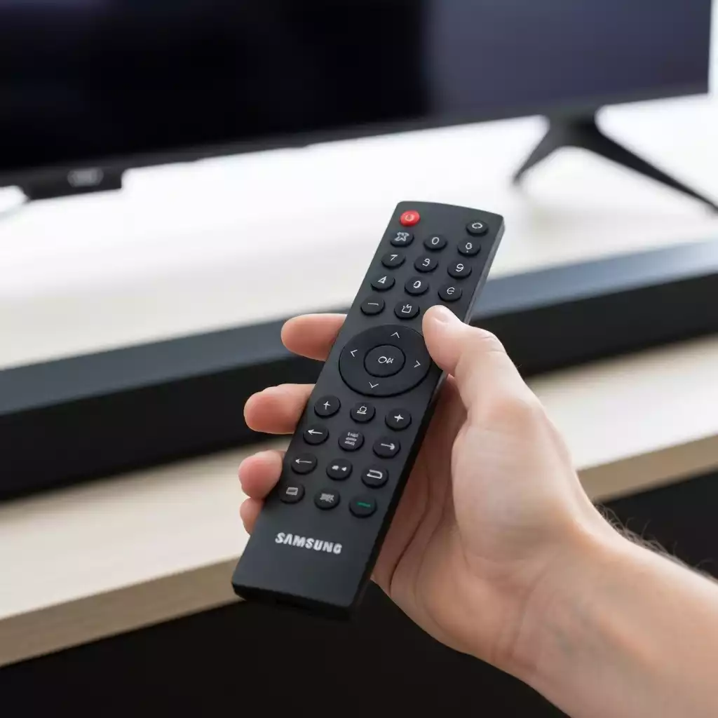 Close-up of a hand holding a Samsung soundbar remote control, with a soundbar in the blurred background
