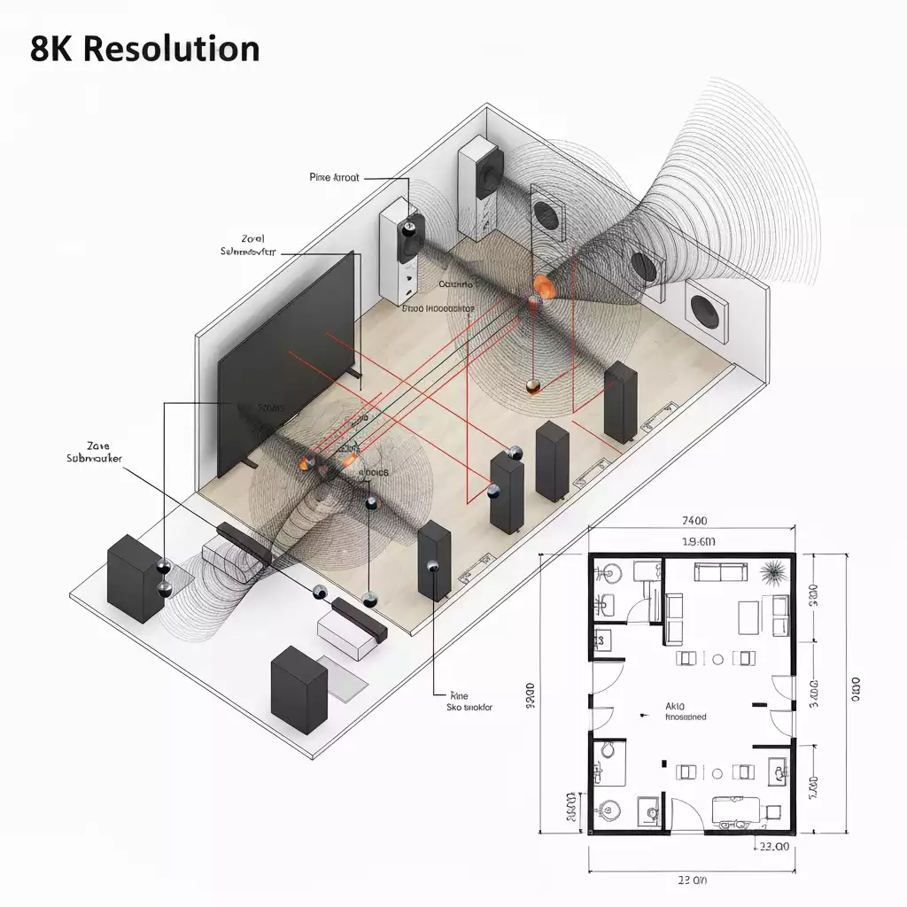 Detailed room layout with subwoofer and soundbar placement options highlighted