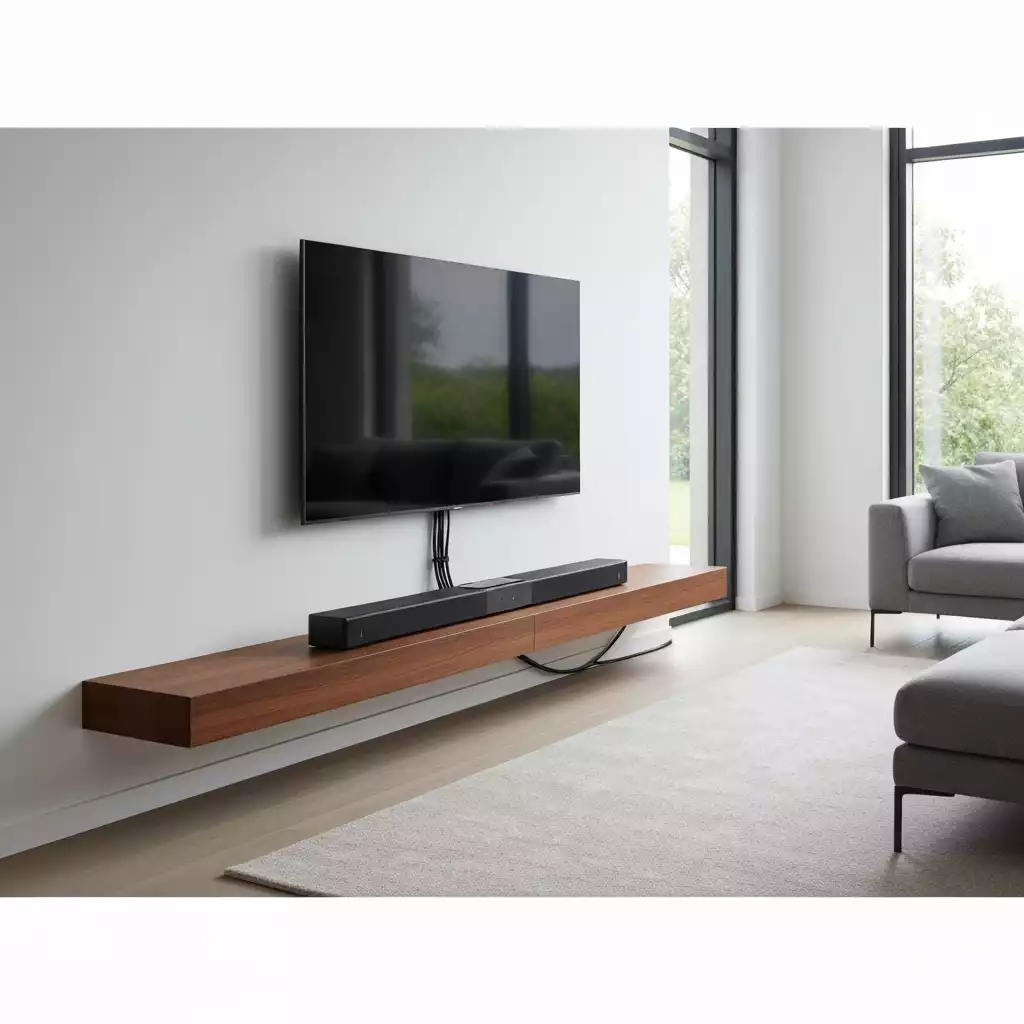 Soundbar connected to a TV in a modern living room, with cables neatly organized.