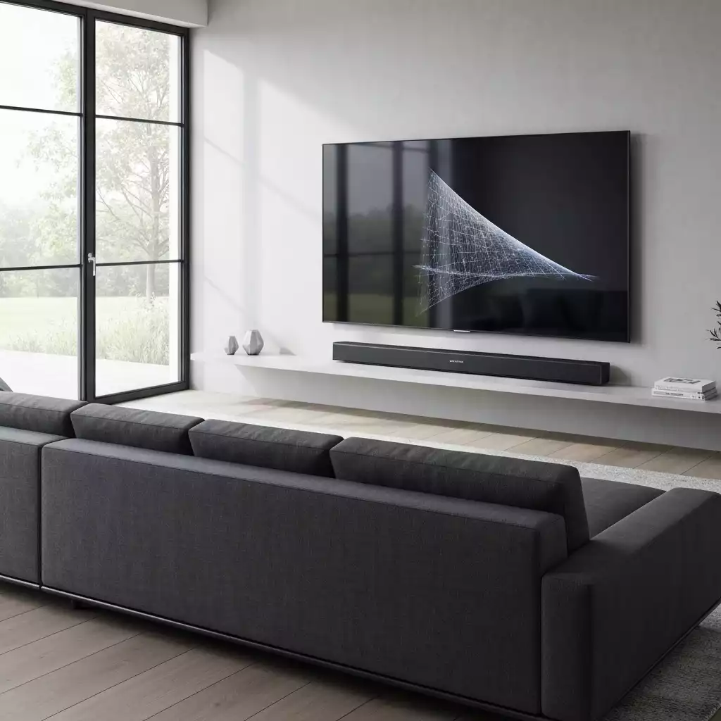 Modern living room with a Samsung soundbar under a large TV, showcasing clear audio and video synchronization