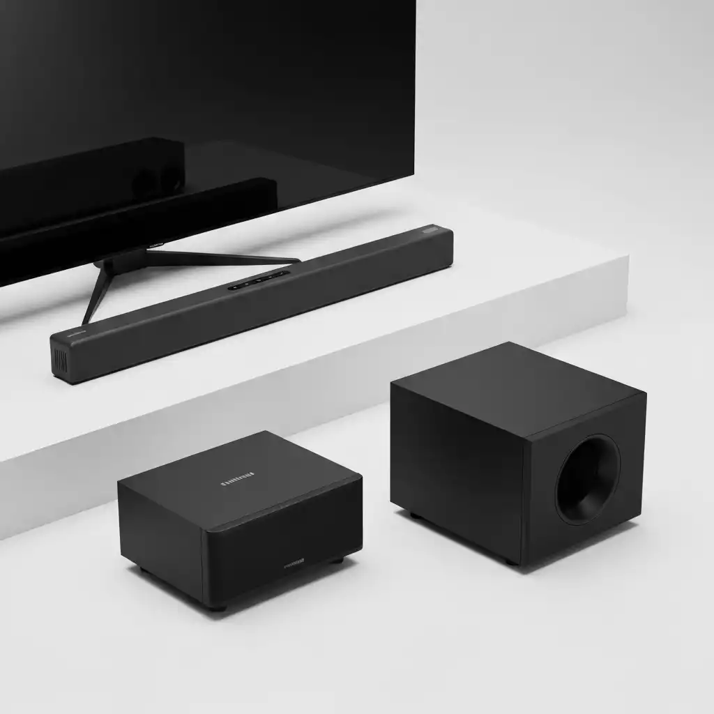 Compatible Samsung soundbar and subwoofer models on a clean surface