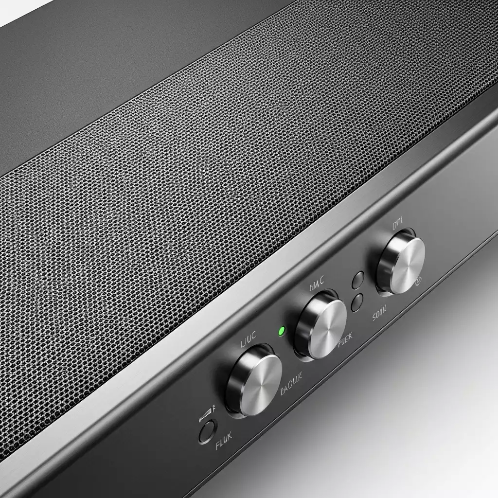 Close-up of a Samsung soundbar's speaker grille and controls, detailed view, focus on material quality, no text, no words, no typography, 8K