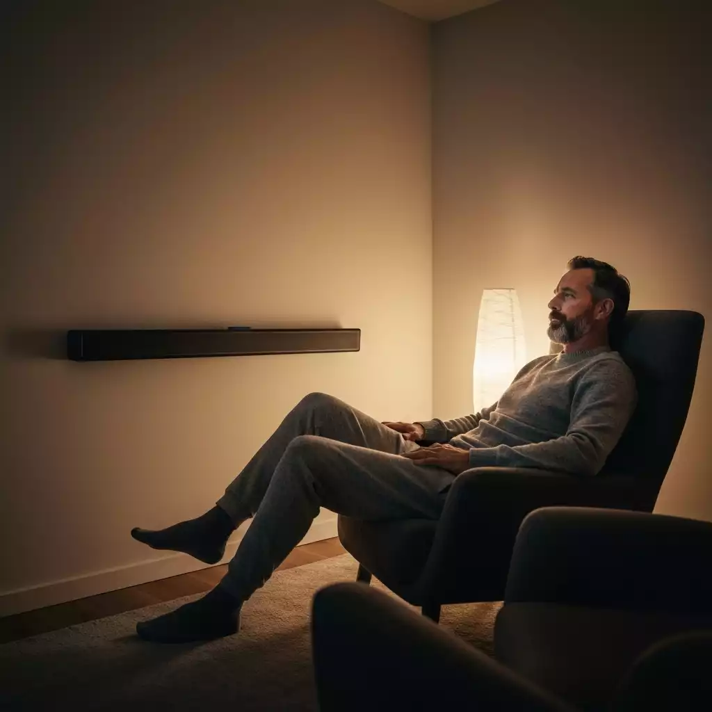 Person relaxing in a comfortable home theater, enjoying immersive audio from a soundbar, no text, no words, no typography, clean image