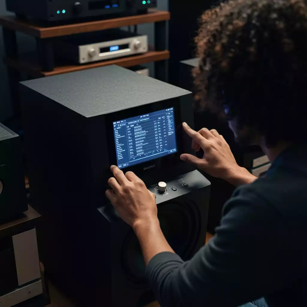 Person adjusting settings on a subwoofer in a home theater setup, focused on sound optimization