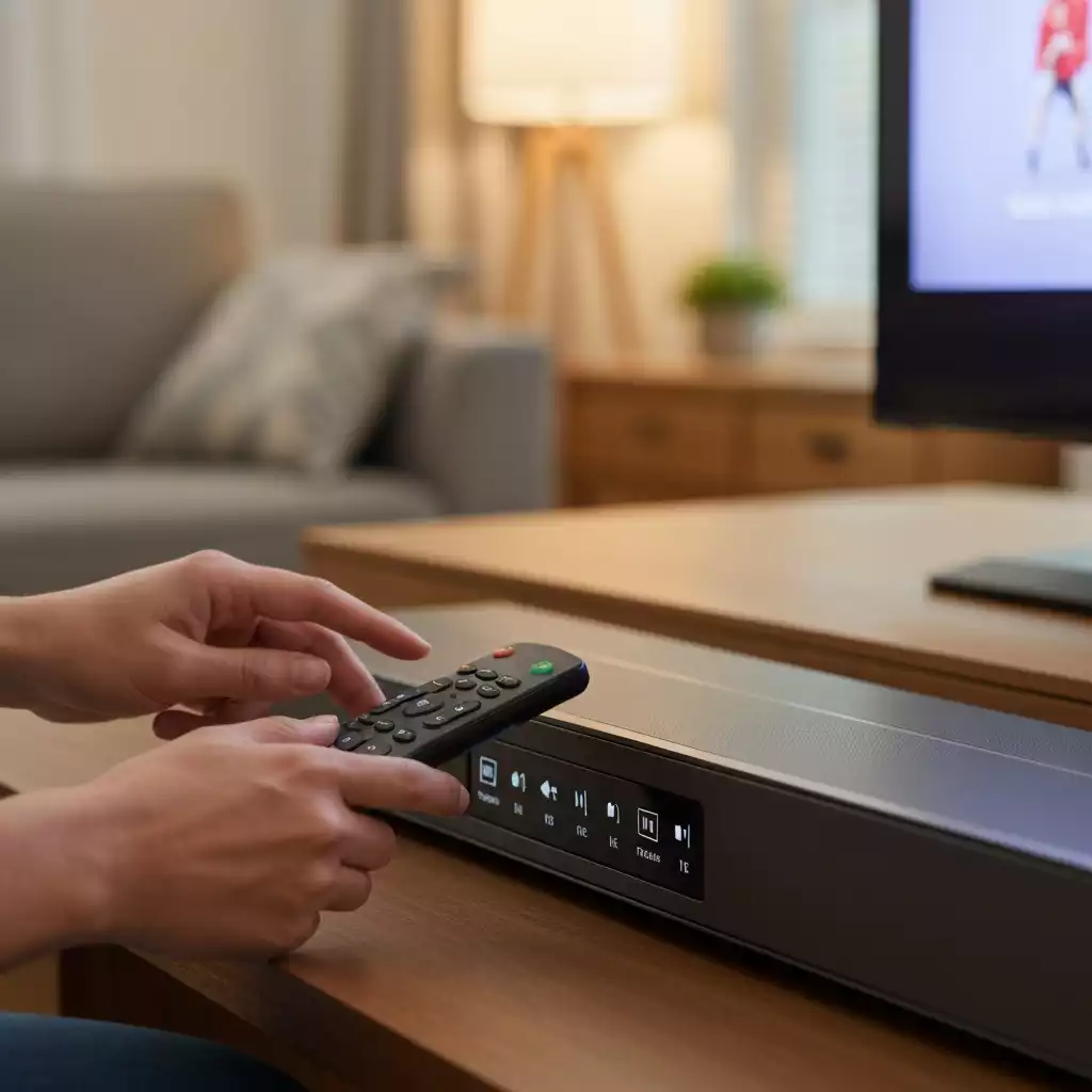 Person adjusting soundbar settings with a remote
