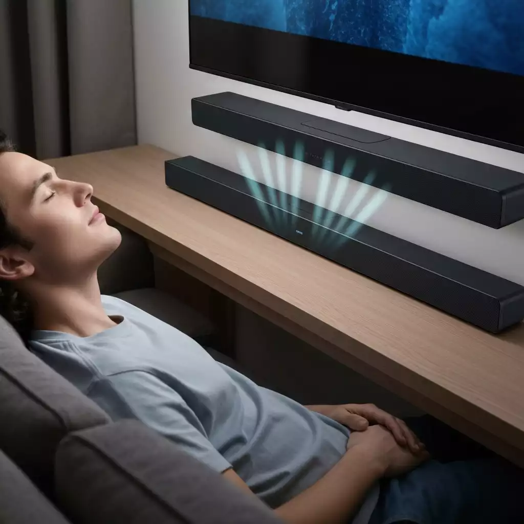 Person enjoying high-quality audio from a soundbar, illustrating enhanced sound experience