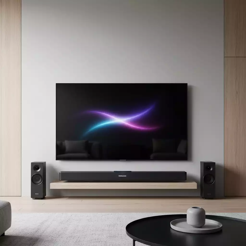 Modern living room with a sleek Samsung soundbar under a large TV, creating an immersive home theater experience, no text, no words, no typography, clean image