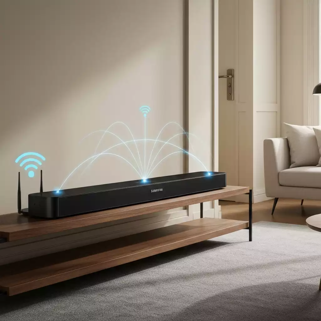 Modern Samsung soundbar connected via Wi-Fi with subtle glowing network lines emanating, in a stylish living room setting, no text, no words, no typography, clean image