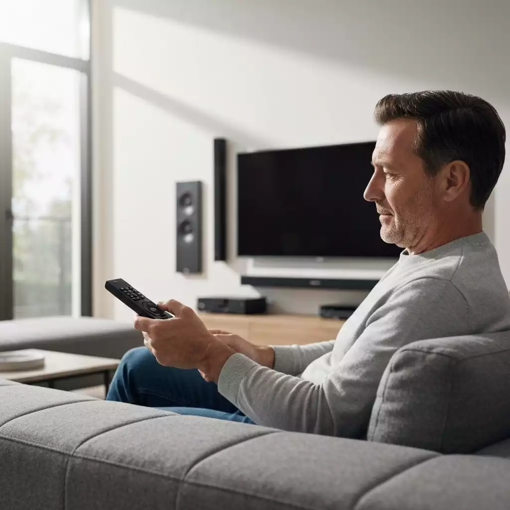 Person adjusting soundbar settings on a remote control, with a modern TV and sound system in the background, no text, no words, no typography, 8K