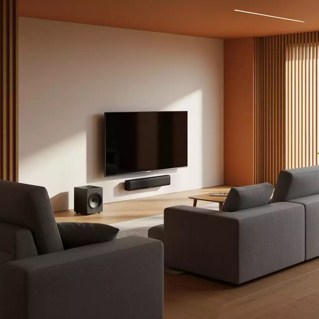 Modern home theater setup with a subwoofer discreetly placed