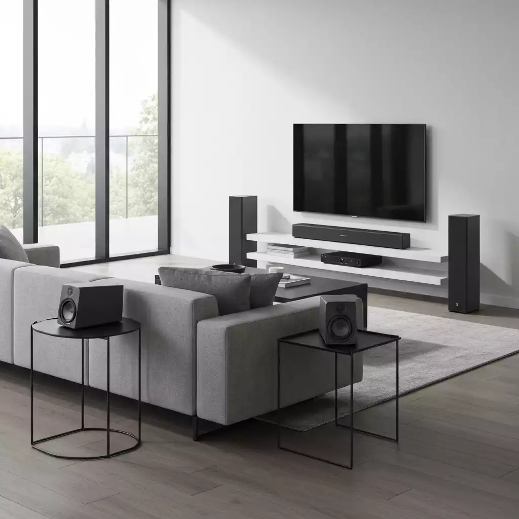 Detachable surround speakers separated from the main soundbar unit in a modern living room setting, no text, no words, no typography, 8K, clean image