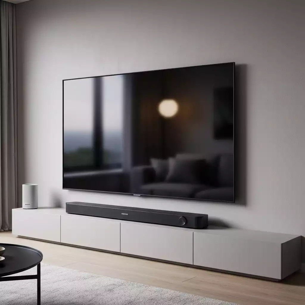Modern living room with a sleek Samsung soundbar under a large TV, soft ambient lighting, no text, no words, no typography, 8K
