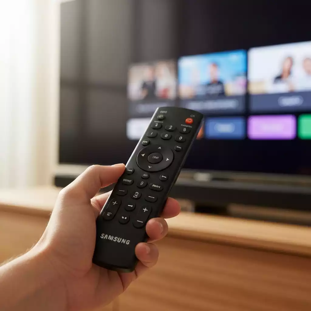 Hand adjusting soundbar settings on a remote control with a TV in the background, no text, no words, no typography, clean image