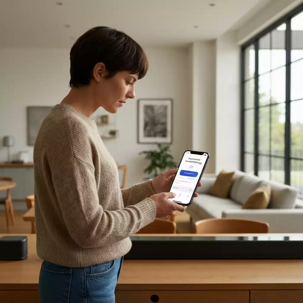 Person interacting with a Samsung SmartThings app on a smartphone, connecting a soundbar, clean interface, modern home setting, no text, no words, no typography, 8K, natural lighting