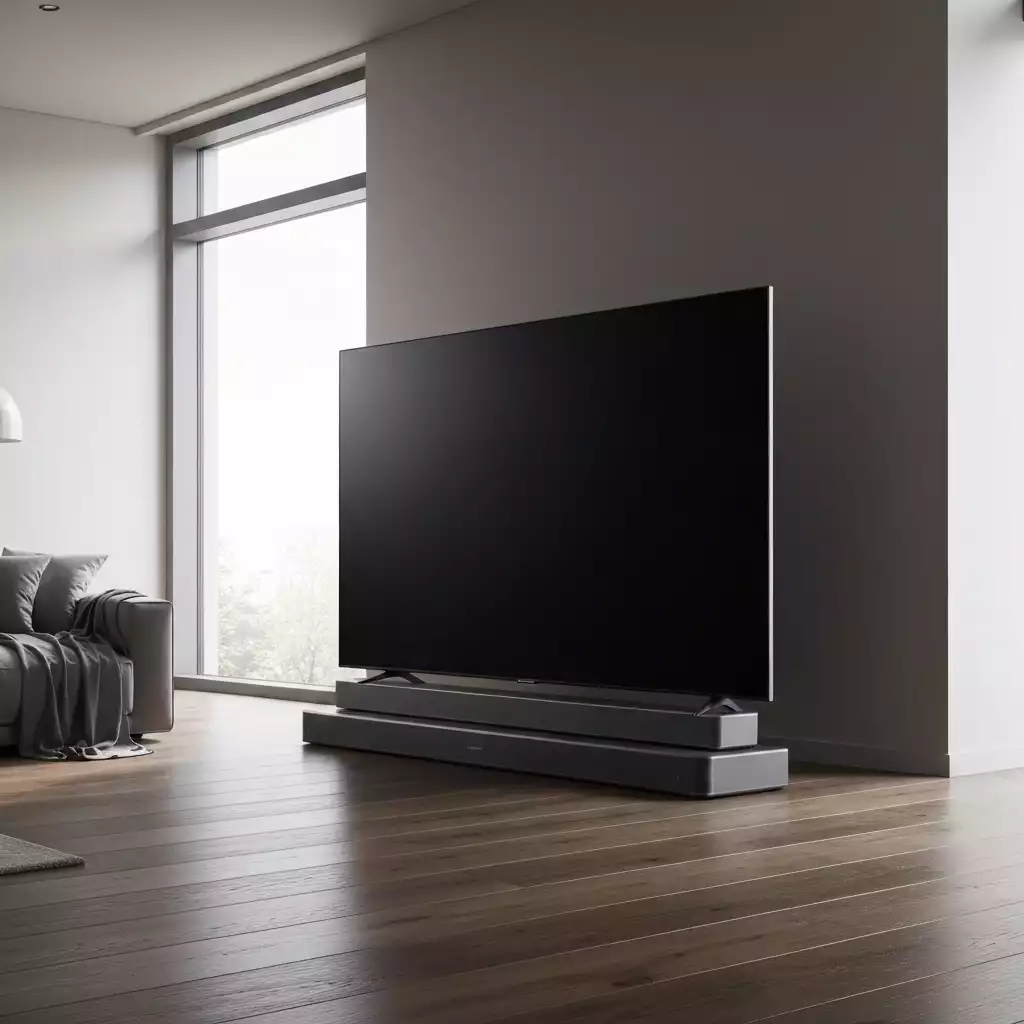 Modern living room with Samsung TV and soundbar, cinematic atmosphere