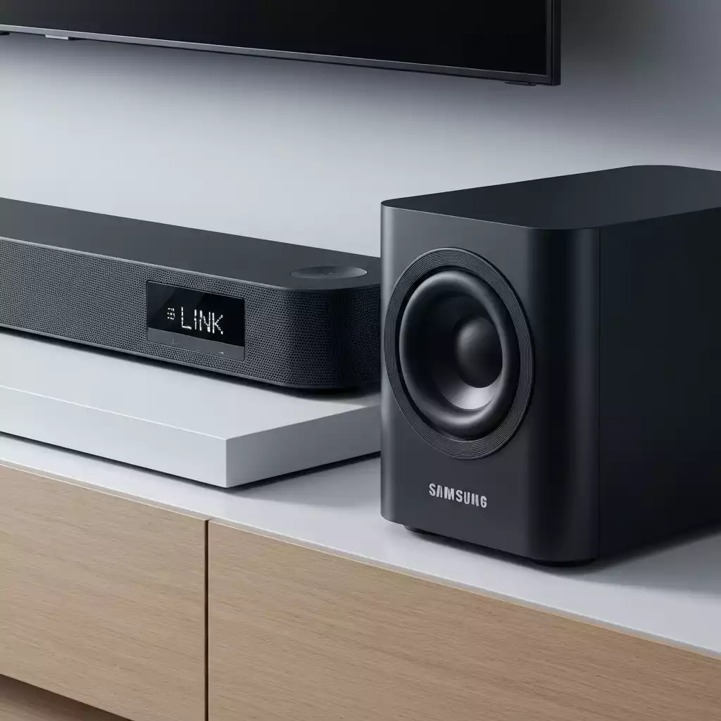 Samsung soundbar and subwoofer with LINK LED on, indicating successful connection