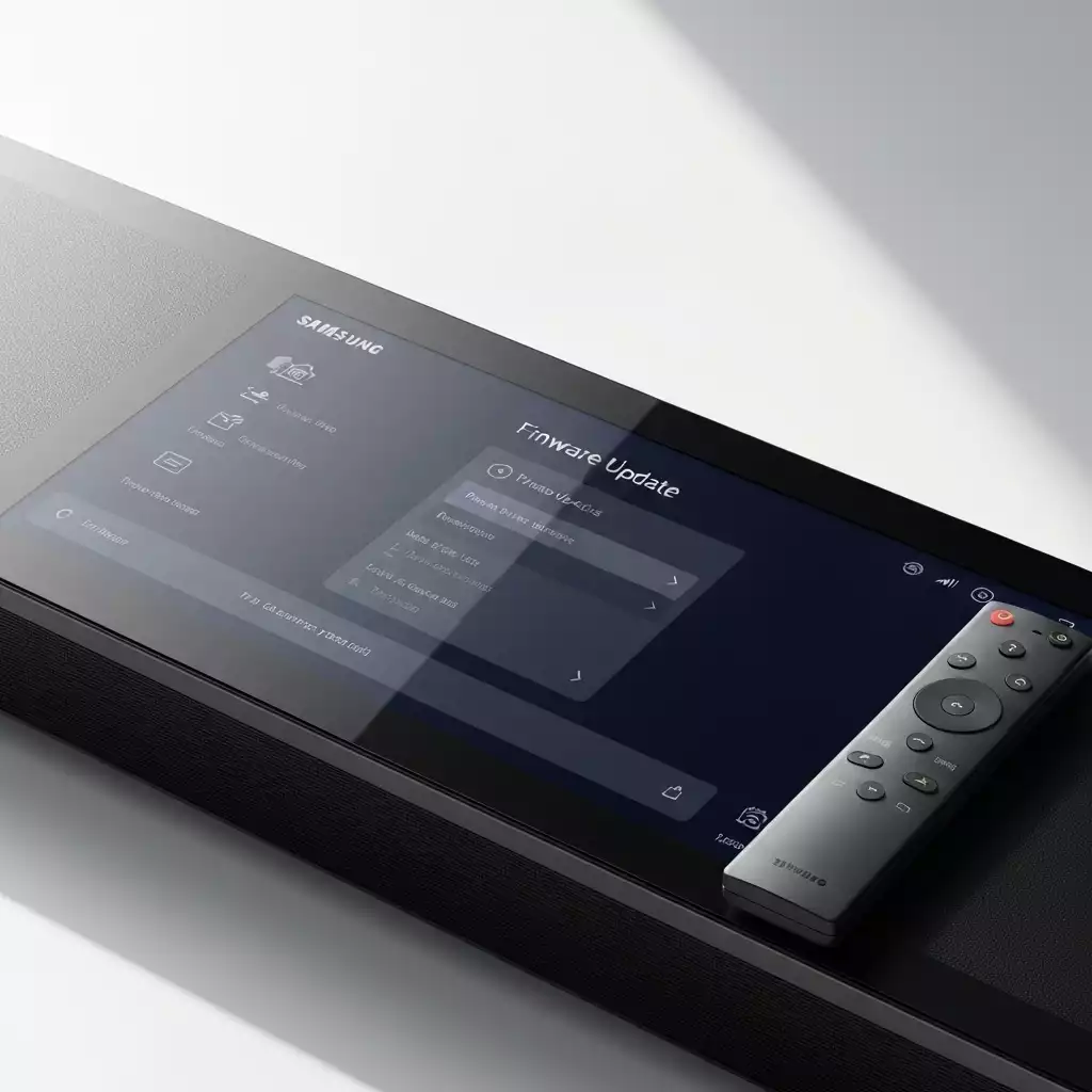 Close-up of a Samsung soundbar display showing settings menu for firmware update, with a remote control, no text, no words, no typography, clean image