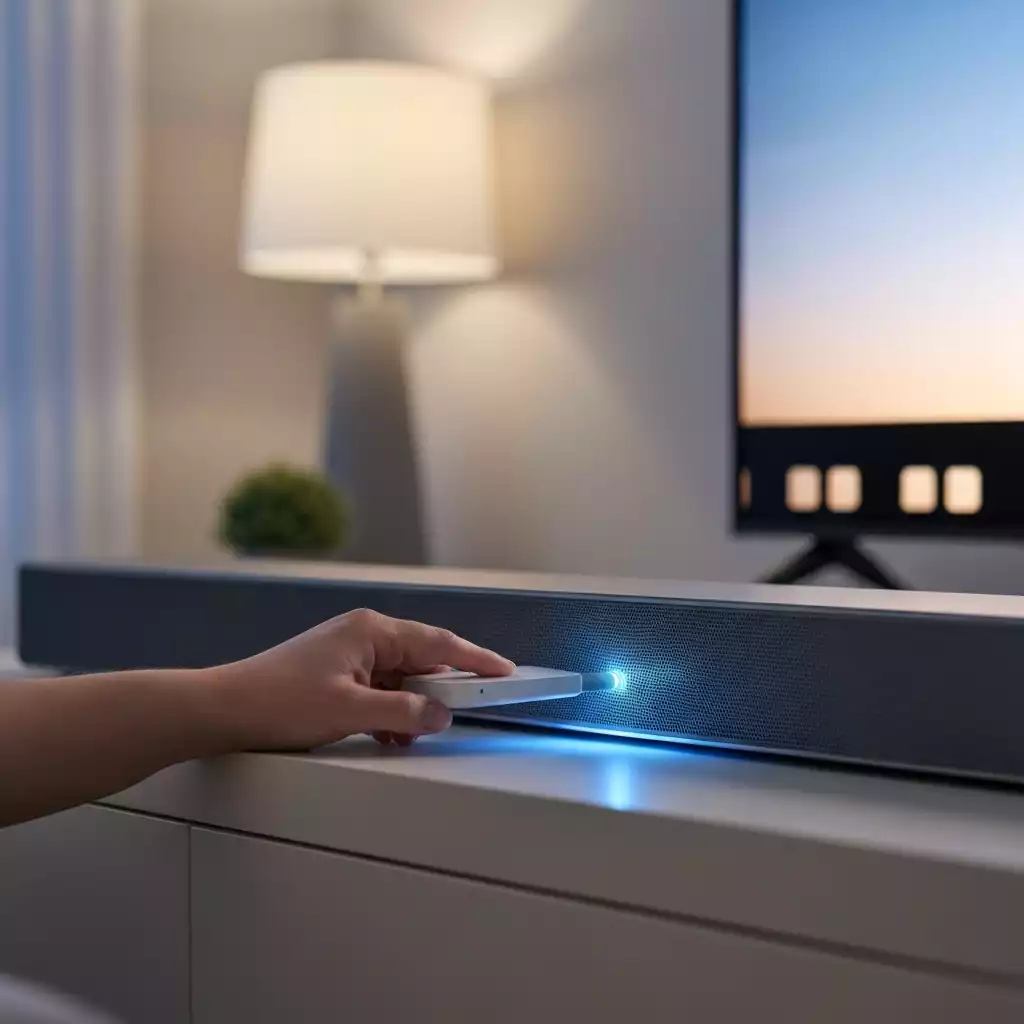 Person connecting a streaming device directly to a soundbar with HDMI cables