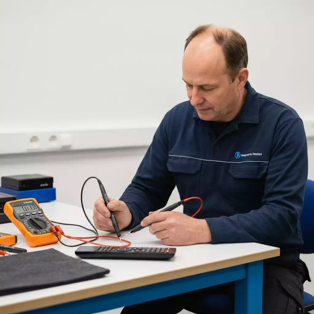 Technician examining a soundbar remote control with diagnostic tools in a clean workshop environment. No text, no words, no typography, no labels, clean image.