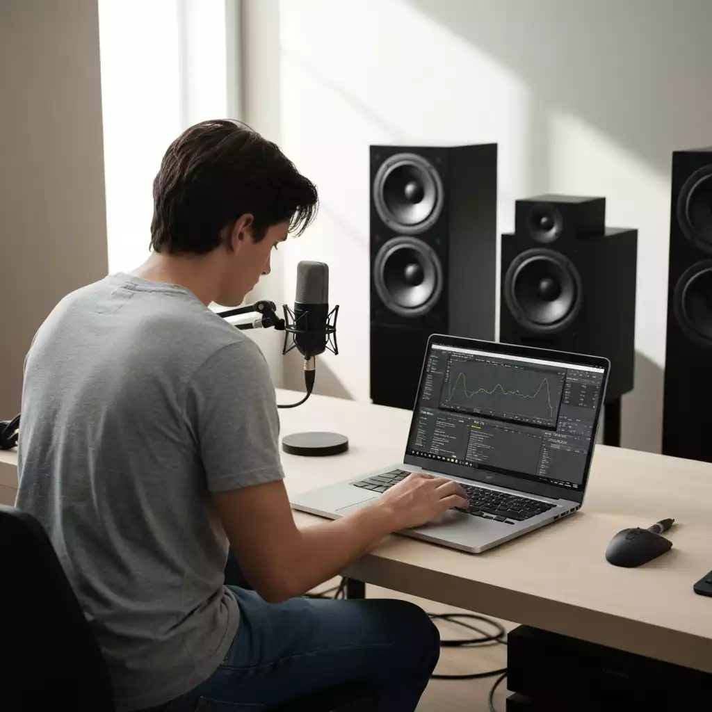 Person using calibration software on a laptop for audio system