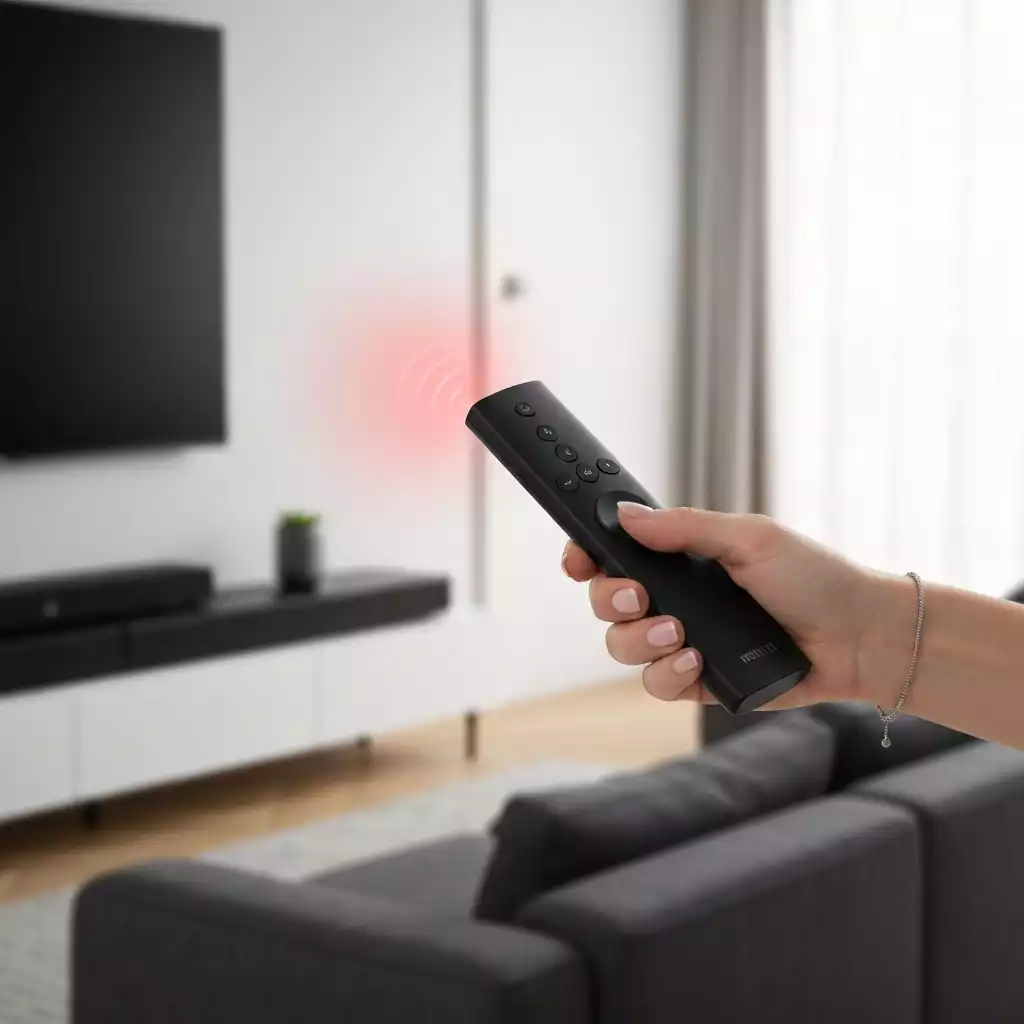 Hand holding a soundbar remote, pointing it at a soundbar, with visible infrared light coming from the remote, in a home entertainment setup. No text, no words, no typography, no labels, clean image.