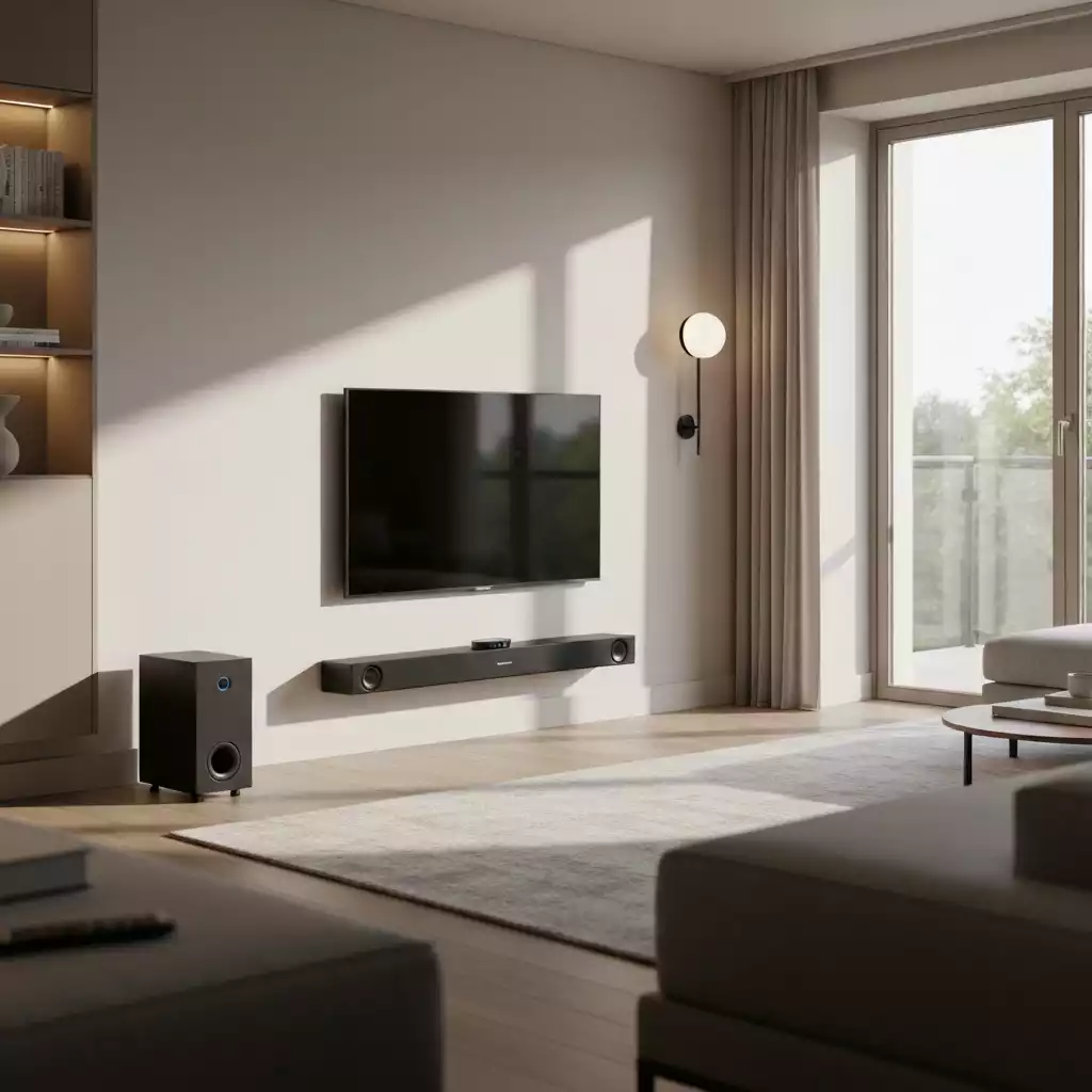 Soundbar and subwoofer setup in a modern living room