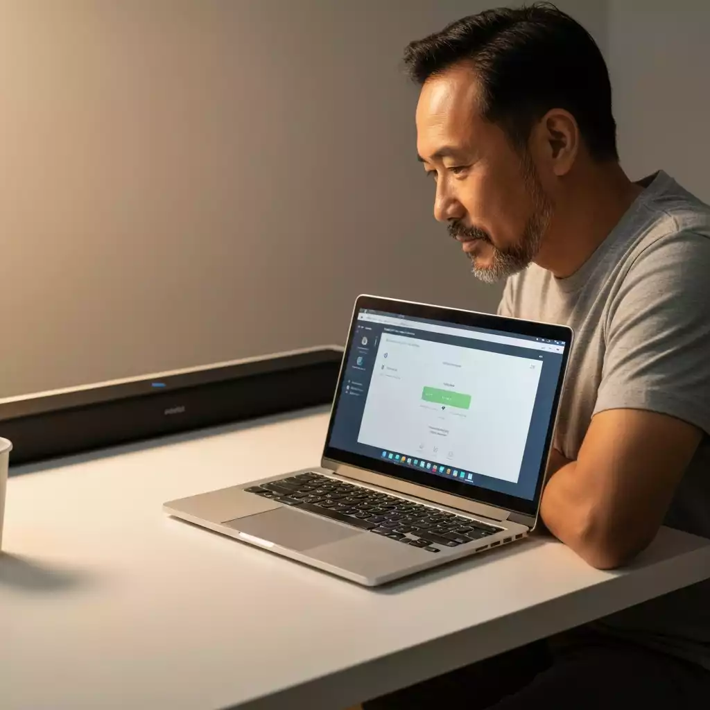 Person updating soundbar firmware on a laptop