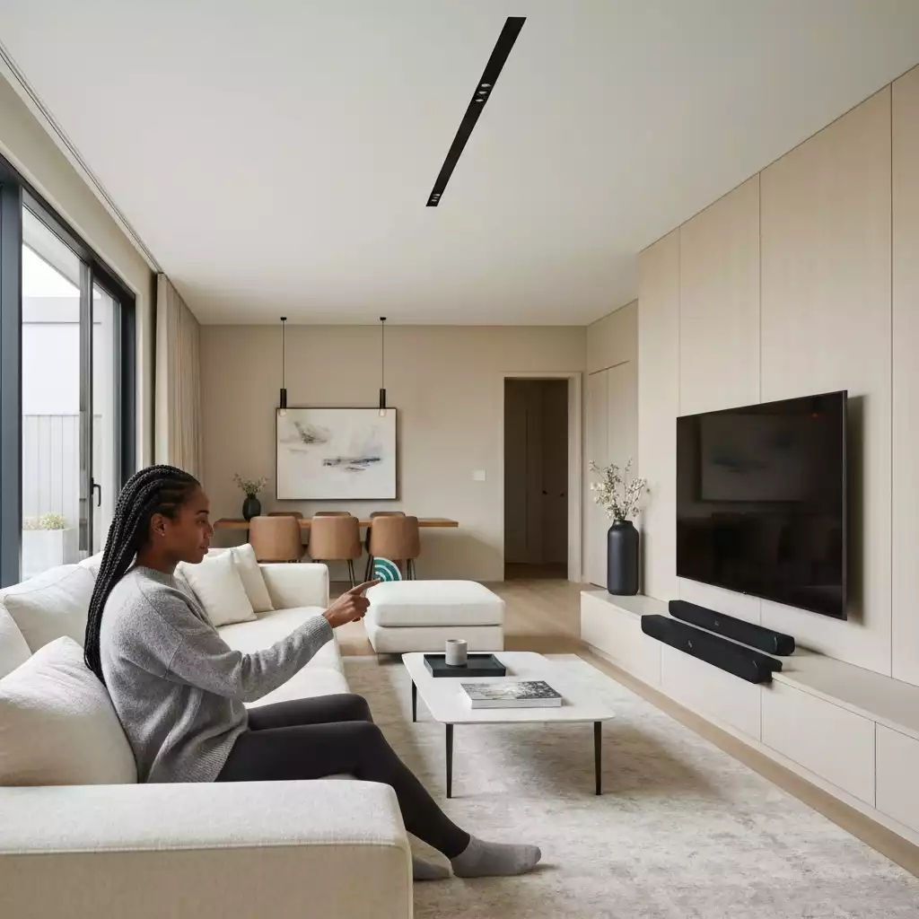 Person relaxing on a couch, using voice commands to control a soundbar, with a modern living room in the background, no text, no words, no typography, clean image