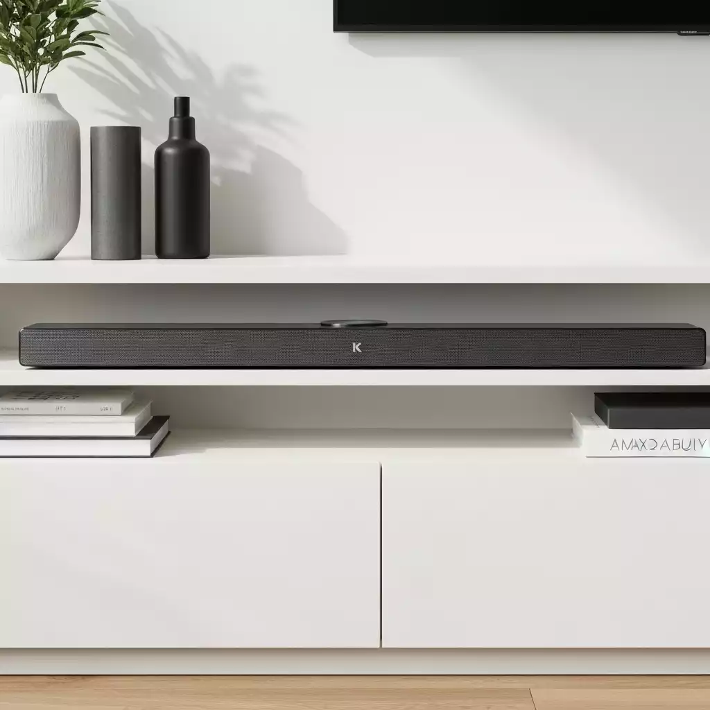 Modern soundbar with built-in Alexa on a clean media console, emphasizing sleek design and integrated smart features, no text, no words, no typography, clean image