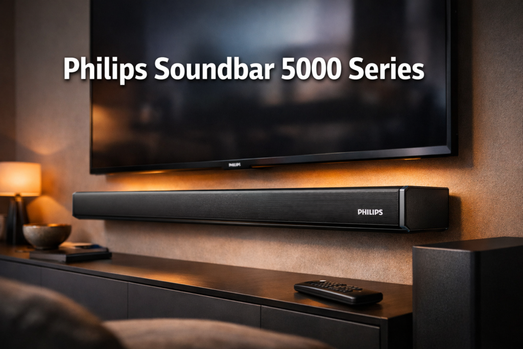 Philips Soundbar 5000 Series image featuring bold text overlay 'Philips Soundbar 5000 Series' in extra large 72pt white sans-serif font with dark shadow and subtle gradient background overlay, positioned in upper third center. Background shows sleek modern Philips soundbar mounted below wall-mounted TV in contemporary living room with ambient lighting, clean minimalist aesthetic. Color scheme: deep charcoal gray, white text, warm amber accent lighting. High contrast, magazine cover quality, editorial style with depth of field focusing on soundbar hardware details and premium finish. Philips Soundbar 5000 Series