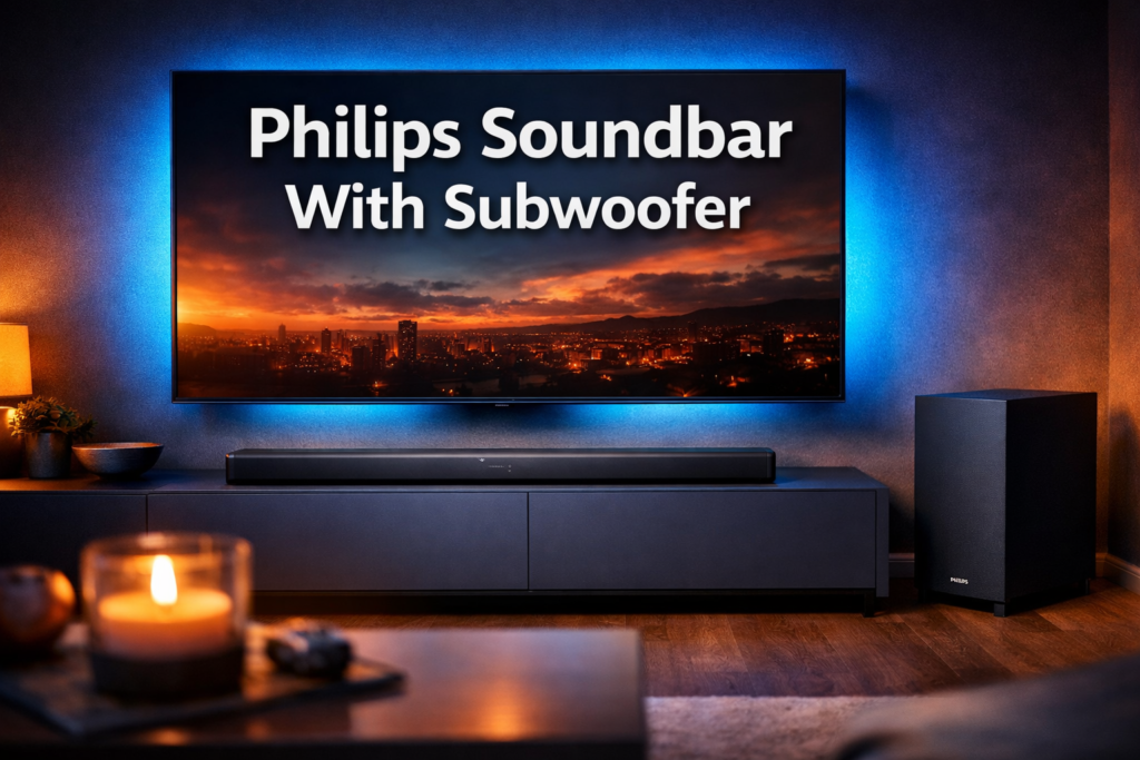 mage featuring bold text overlay 'Philips Soundbar With Subwoofer' in extra large 72pt white sans-serif font with dark gradient shadow, centered in upper third. Background shows sleek modern Philips soundbar in matte black finish positioned below wall-mounted 4K TV in contemporary living room, with wireless subwoofer visible in corner, ambient blue LED lighting, minimalist entertainment center, warm cinematic atmosphere. Color scheme: deep charcoal, electric blue accents, warm amber lighting. High contrast, magazine cover quality, editorial style with professional product photography aesthetic

Philips Soundbar With Subwoofer