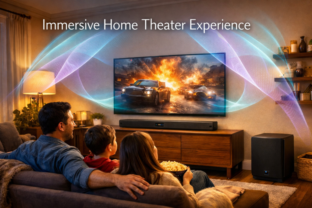 SVS R|Evolution Soundbar Landscape format (1536x1024) image depicting SVS R|Evolution soundbar in real-world living room environment, positioned below wall-mounted TV, wireless subwoofer visible in corner. Room shows Dolby Atmos height effect visualization with translucent sound wave graphics emanating upward and outward. Family enjoying movie night on couch, immersive audio concept illustrated. Warm evening lighting, cozy atmosphere. Text overlay 'Immersive Home Theater Experience' in clean typography. Color scheme: warm wood tones, soft whites, vibrant audio visualization in cyan and purple gradients. SVS R|Evolution Soundbar