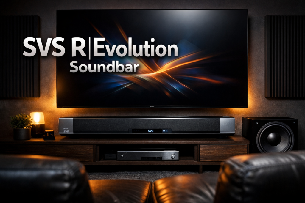 SVS R|Evolution Soundbar image featuring bold text overlay 'SVS R|Evolution Soundbar' in extra large 72pt white sans-serif font with dark shadow and subtle gradient, positioned in upper third center. Background shows sleek modern home theater setup with premium SVS soundbar mounted below large 4K TV, warm ambient lighting, minimalist entertainment center, acoustic panels on walls. Color scheme: deep charcoal, warm amber accents, metallic silver highlights. High contrast, magazine cover quality, editorial style with cinematic depth of field. SVS R|Evolution Soundbar