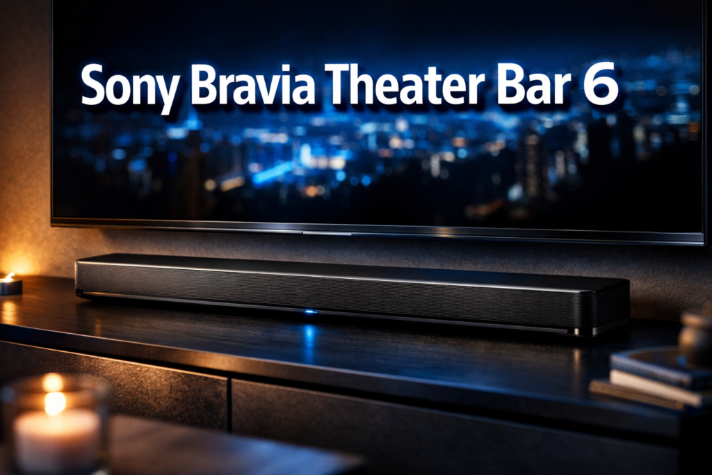 Sony Bravia Theater Bar 6 image featuring bold text overlay 'Sony Bravia Theater Bar 6' in extra large 72pt white sans-serif font with dramatic dark shadow and subtle blue glow effect, centered in upper third. Background shows sleek black soundbar positioned below modern 4K television in contemporary living room with ambient lighting, emphasizing premium home theater aesthetic. Color scheme: deep blacks, metallic silver, electric blue accents, warm ambient glow. High contrast, magazine cover quality, editorial style with cinematic depth of field and professional product photography lighting that highlights the soundbar's premium build quality and modern design elements. Sony Bravia Theater Bar 6