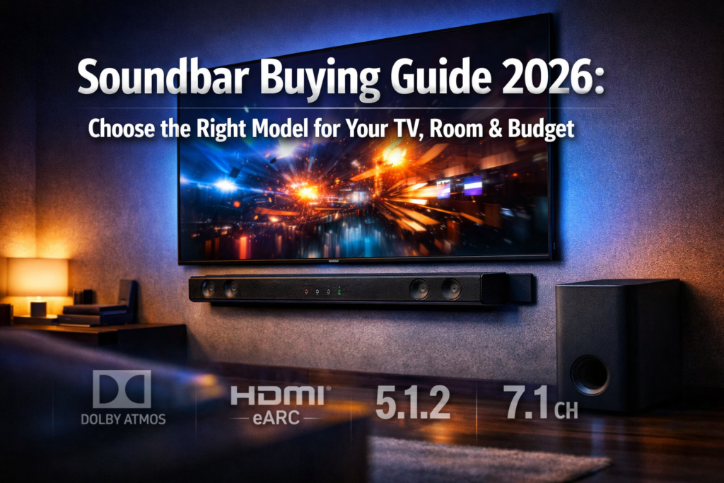 Soundbar Buying Guide 2026 image featuring bold text overlay 'Soundbar Buying Guide 2026: Choose the Right Model for Your TV, Room & Budget' in extra large 72pt white sans-serif font with dark gradient shadow, positioned in upper third center. Background showcases modern living room with sleek wall-mounted TV displaying vibrant content, premium soundbar mounted below with visible speaker grilles and LED indicators, wireless subwoofer positioned corner, ambient LED lighting creating cinematic atmosphere. Foreground includes subtle overlay of technical specifications icons (Dolby Atmos logo, HDMI eARC symbol, channel configuration numbers). Color palette: deep charcoal, electric blue accents, warm amber highlights. High contrast, magazine cover quality, editorial style with depth of field effect, professional home theater aesthetic, 2026 contemporary design language.
