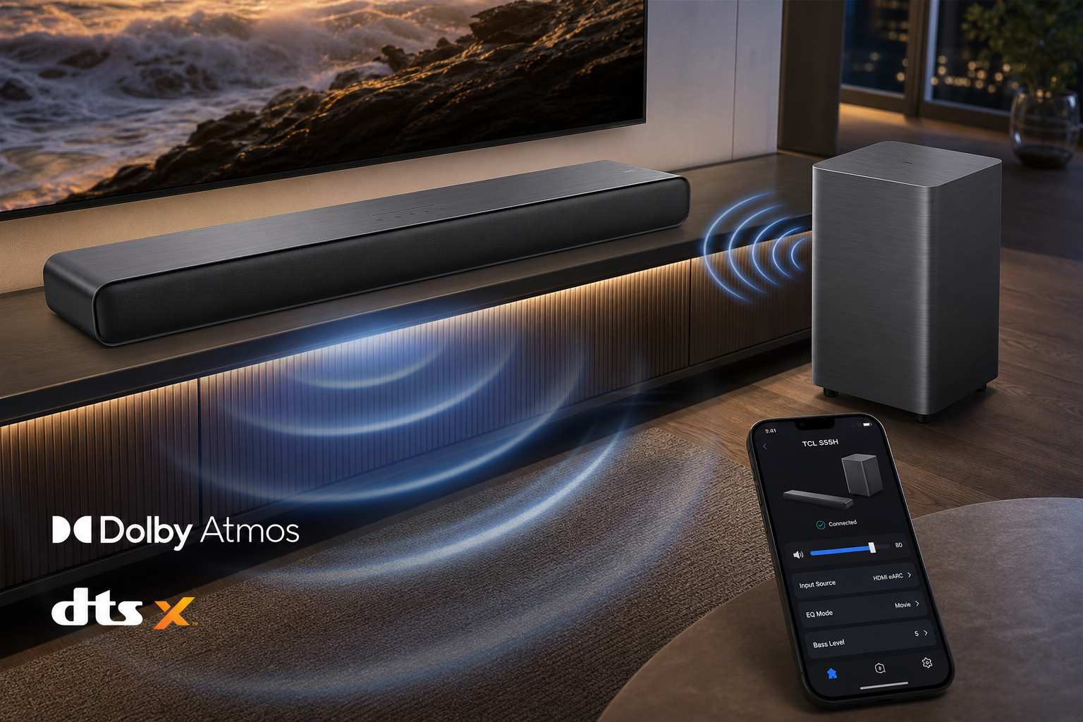 detailed showcase of TCL S55H 2.1 Sound Bar with Wireless Subwoofer highlighting key features in action including Dolby Atmos DTS:X logos, wireless subwoofer connectivity, and app control interface on a smartphone screen

How Easy Is the TCL S55H to Set Up?