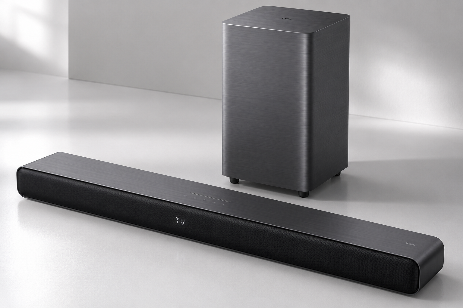 detailed showcase of TCL S55H 2.1 Sound Bar with Wireless Subwoofer highlighting its main dashboard/interface with the sleek soundbar unit and wireless subwoofer side by side, showing the LED display and control panel

What Exactly Is the TCL S55H?