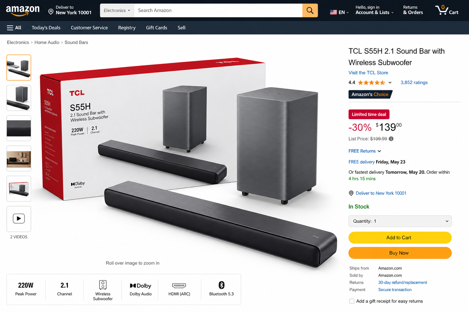 detailed showcase of TCL S55H 2.1 Sound Bar with Wireless Subwoofer highlighting the $139 sale price tag, Amazon listing interface, and the product box with 220W power and 2.1 channel specifications visible

Who Should Skip the TCL S55H?